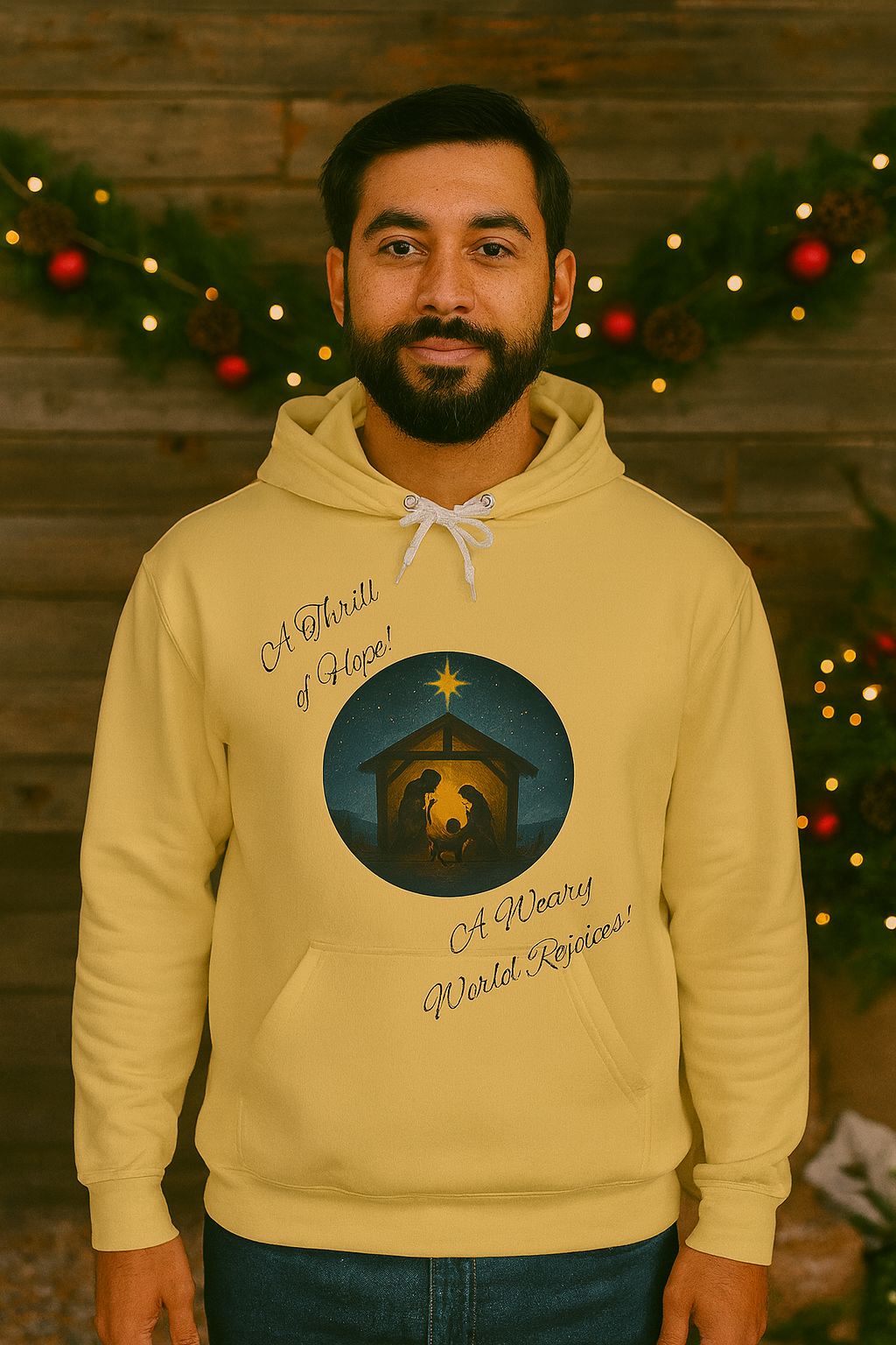 O Holy Night Nativity Hoodie – A Thrill of Hope, A Weary World Rejoices | Lightweight Rustic Christmas Hooded Sweatshirt -- Light Colors