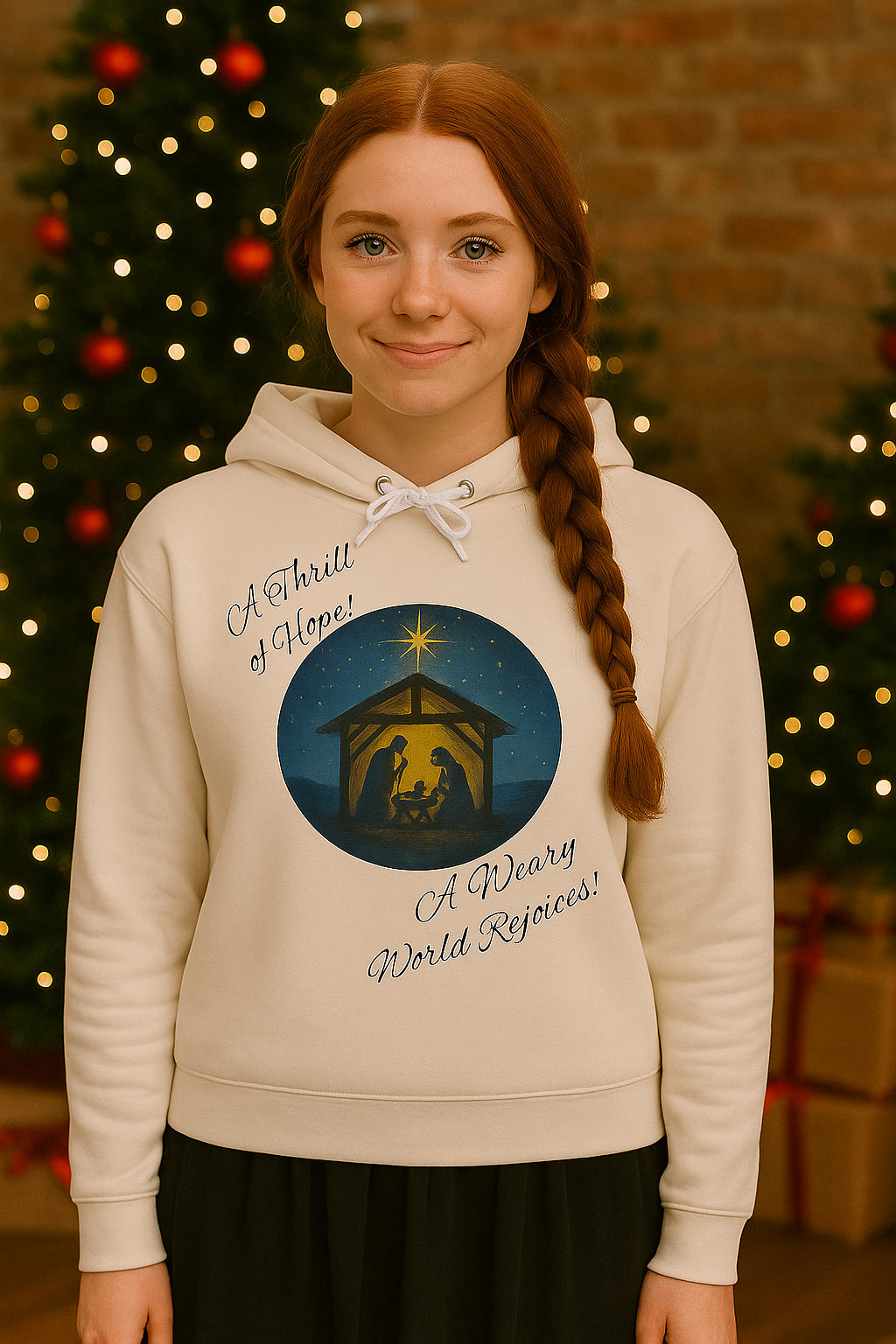 O Holy Night Nativity Hoodie – A Thrill of Hope, A Weary World Rejoices | Lightweight Rustic Christmas Hooded Sweatshirt -- Light Colors