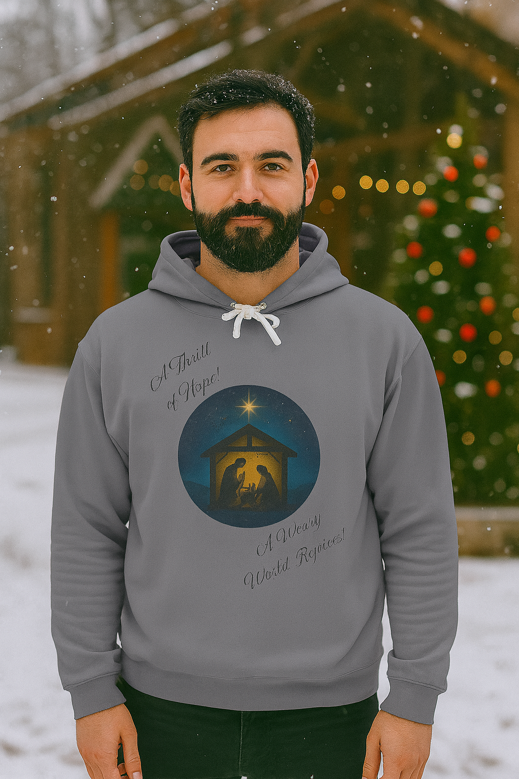 O Holy Night Nativity Hoodie – A Thrill of Hope, A Weary World Rejoices | Lightweight Rustic Christmas Hooded Sweatshirt -- Light Colors