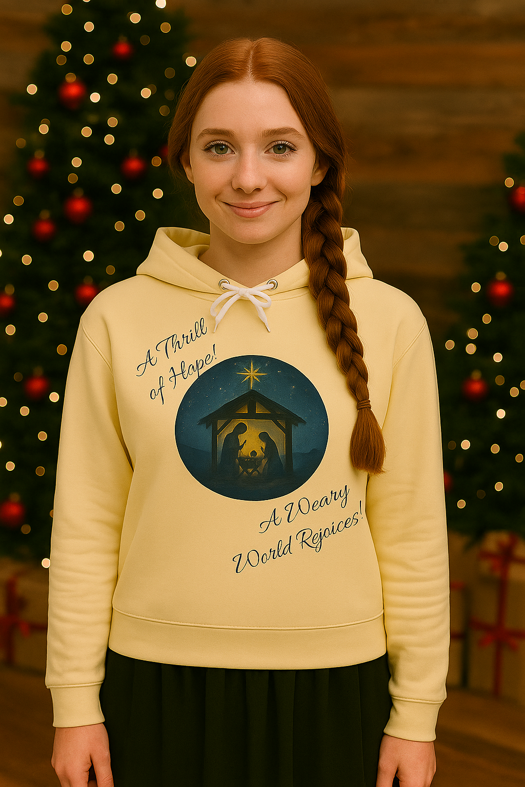O Holy Night Nativity Hoodie – A Thrill of Hope, A Weary World Rejoices | Lightweight Rustic Christmas Hooded Sweatshirt -- Light Colors