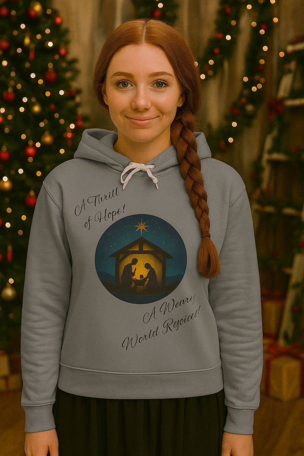 O Holy Night Nativity Hoodie – A Thrill of Hope, A Weary World Rejoices | Lightweight Rustic Christmas Hooded Sweatshirt -- Light Colors